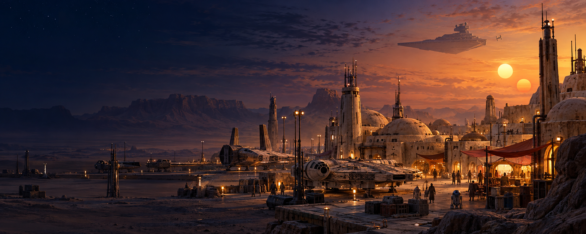 Twin suns over a bustling desert spaceport, with weathered freighters and a distant Imperial cruiser.